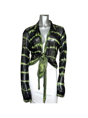 I.AM.GIA Green & Black Tie Dye Mesh Long Sleeve Plunge Tie-Front Crop Top Size L